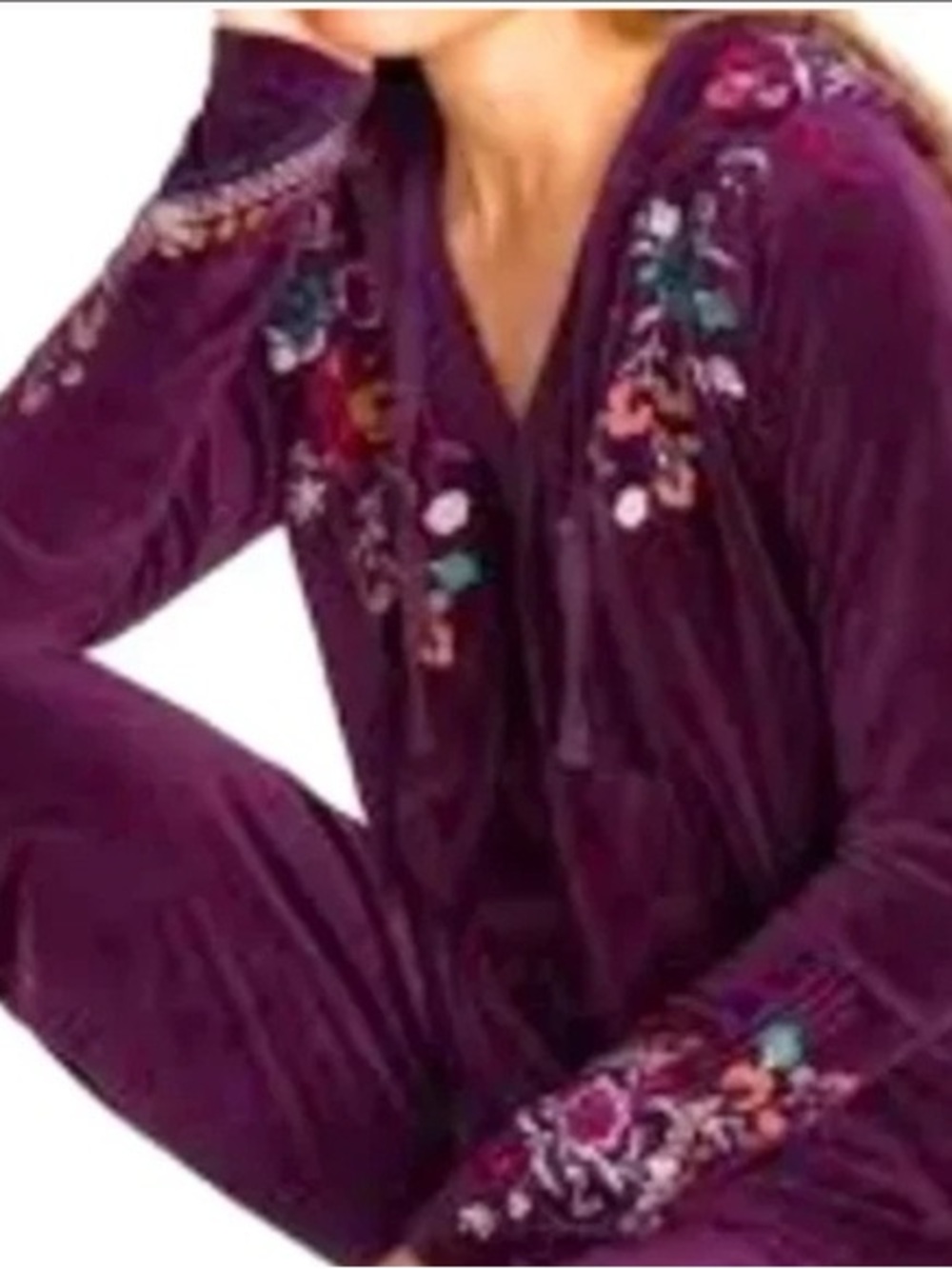 Johnny Was Plum Velvet Embroidered Pajama Set